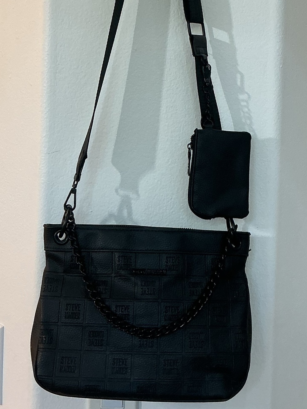 Steve Madden Black Quilted Logo Shoulder Bag with Detachable Coin Pouch